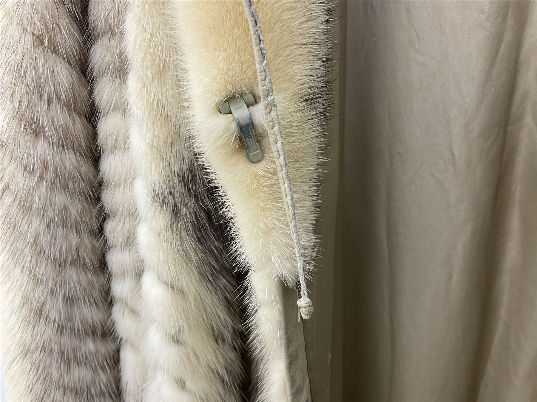 Saga mink full length fur coat, with chevron patterning to sleeves and body, with label to lined interior, approx size 12
