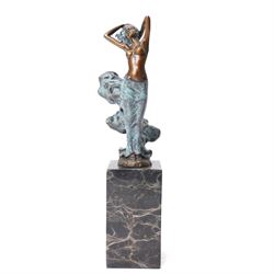 After Angelo Basso - art nouveau style bronze of a lady caught in the wind, on marble base, H31cm