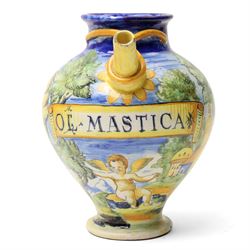 Italian maiolica wet drug jar inscribed 'Ol Mastica' 20th century, painted with putto, church buildings etc H22cm