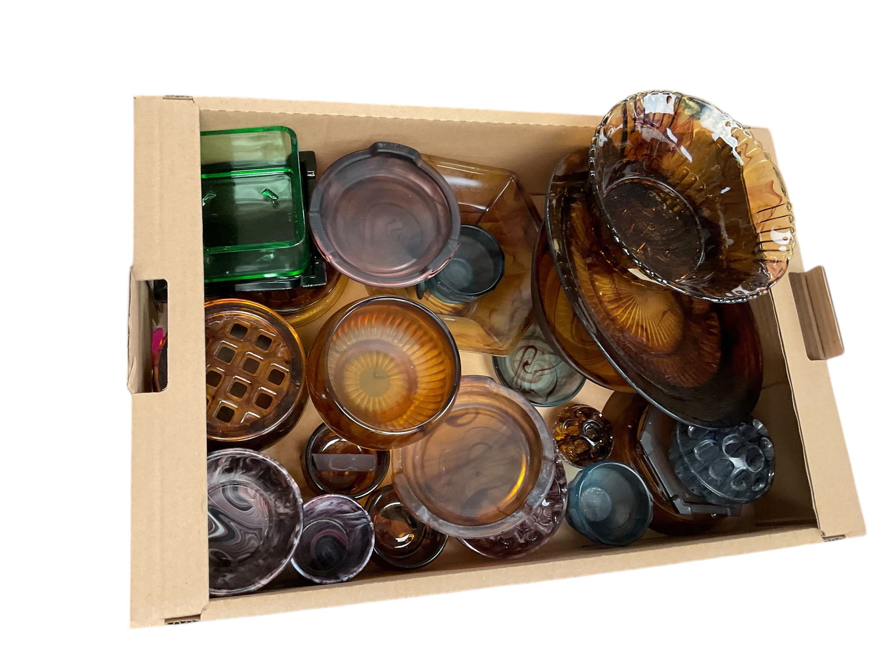 Large collection of Davidson cloud glass in amber, together with slag glass vases etc 
