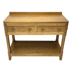 'Rabbitman' oak side table, adzed top over two drawers and adzed undertier, octagonal supports, carved with rabbit signature, by Peter Heap of Wetwang