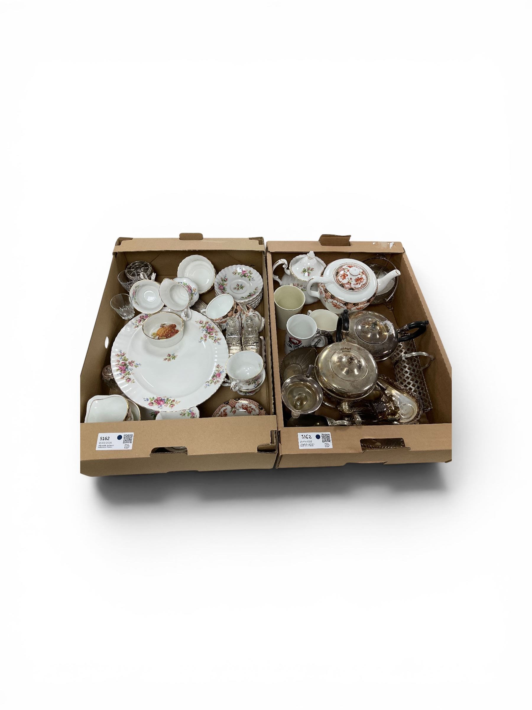 Royal Albert Moss Rose together with silver plated teapots, open sucrier etc, in two boxes  