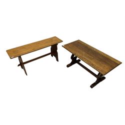 Early. 20th century oak rectangular coffee table on stretcher base, and a similar table