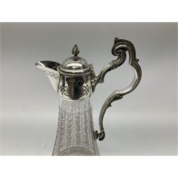 Etched glass claret jug with silver plated mount, together with Cauldon blue and white cheese plate and cover, novelty teapot and beswick plate, claret jug H28.5cm