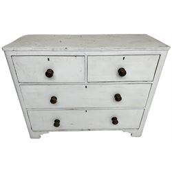 19th century white painted chest, reeded moulded edge over two short and two long drawers, on shaped bracket feet