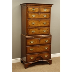  20th century Georgian style figured walnut chest on chest, projecting cornice, fluted canted corners, two short, six long drawers and slide, bottom drawer with concave fascia with star inlay, shaped bracket feet, W80cm, H171cm, D49cm  