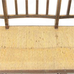 Liberty & Co. London - circa. 1890s ‘The Wykeham’ settle or bench, reeded frame and rush seat, on turned supports united by turned stretchers

The promotional sketch for ‘The Wykeham’ range can be seen in the ‘Liberty & Co. Handbook of Sketches, 1889’ p.49. It is also reproduced in Daryl Bennett’s ‘Liberty’s Furniture 1875-1915 […]’ p.106. Referred to as ‘The Wykenham: ‘oaken furniture’’. See images. 

