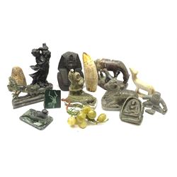 Inuit carved soapstone group of a figure hunting a Seal, H12cm, other carved stone figures including a recumbent Cow, a resin Scrimshaw style model and other similar items in one box