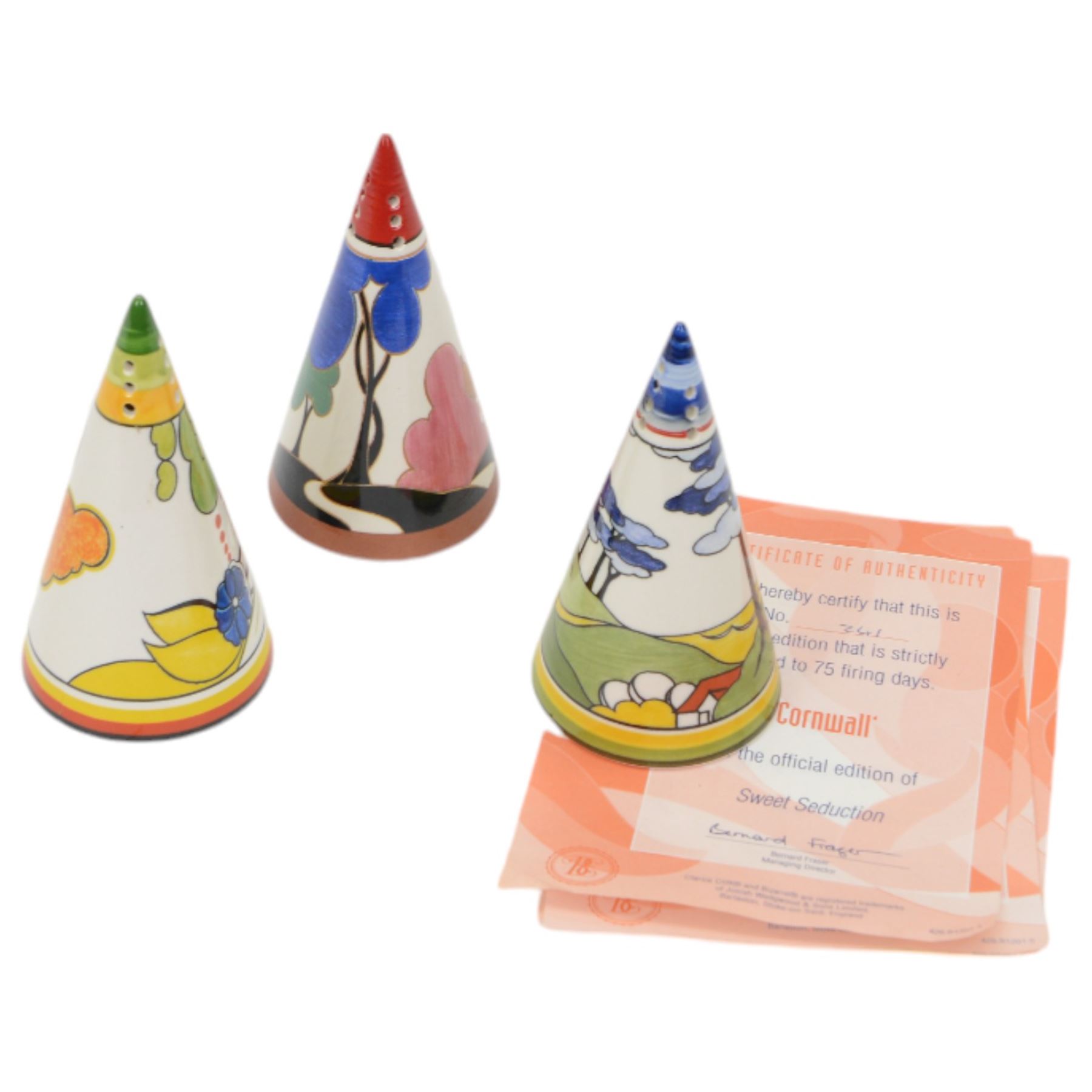 Three Clarice Cliff by Wedgwood sugar shakers, in Autumn, Blue Firs and Cornwall pattern 