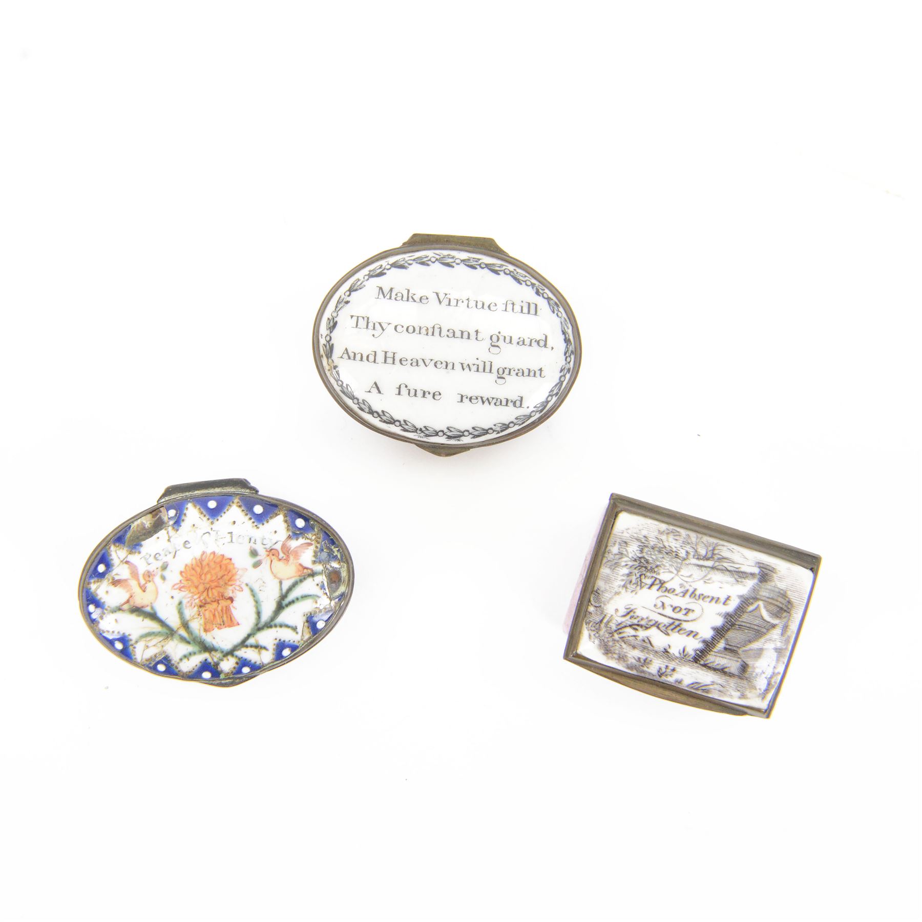 Three 18th century Staffordshire enamel patch boxes, comprising example inscribed 'Make Virtue ftill Thy confant guard And Heaven will grant A fure reward', another inscribed 'Tho Absent Not forgotten', and example inscribed 'Peace & Plenty' above two doves and wheat sheaf, widest example W4.5cm