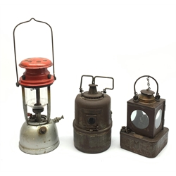  Welch Patent railway lamp by Lamp Manufacturing and Railway Supplies Ltd. bearing LMS plaque H23cm, another railway lamp of bow-fronted form by the same maker and Bialaddin Model 315 pressure lantern (3)  