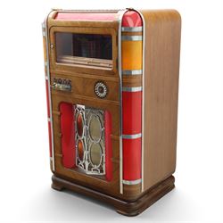 Rudolf Wurlitzer Company - Model 616 'Simplex' 1937 jukebox, figured walnut veneered cabinet with illuminated red and amber side panels enclosed by chromed uprights, glazed upper record compartment, cast Art Deco speaker grille, coin-operated push-button selection panel with circular title index, raised on a moulded base