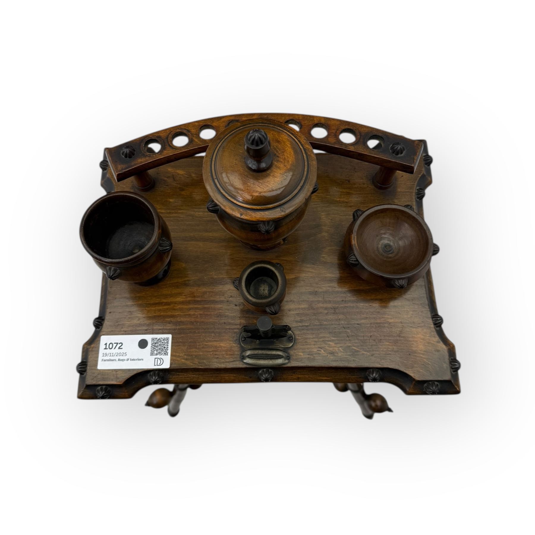 Victorian oak smoker’s companion stand, moulded rectangular top with fitted smoking accessories including urn and bowl, on turned tripod base with finial stretcher