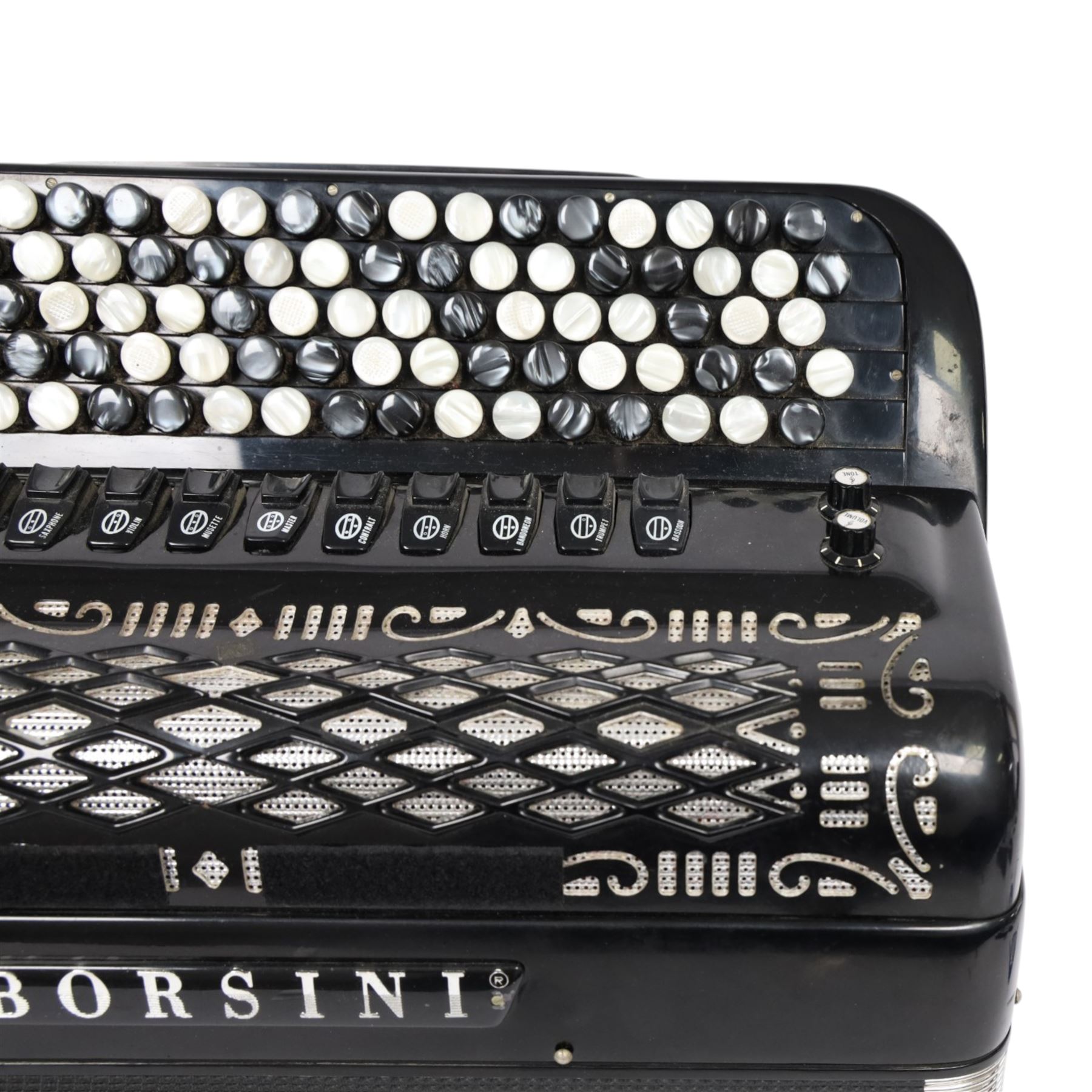 Borsini Professional 5-Row Chromatic button accordion, with 92 chromatic buttons and 120 bass buttons, in black high gloss case, with carry strap and original hard carrycase