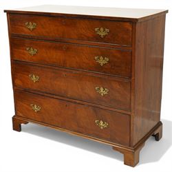 19th century mahogany straight-front chest, rectangular top with cross-banded edge, fitted with four long graduating cock-beaded drawers, lower moulded edge over bracket feet
