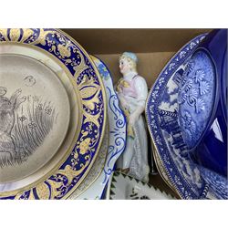 Assorted ceramics including pair of Noritaki plates hand painted with desert scenes, Sylvac lidded bowl, continental figure, various decorative plates, military tankards etc