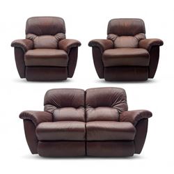 La-Z-Boy - manual reclining three piece suite - two seater sofa (W165cm, H105cm); and two armchairs (W98cm), upholstered in brown leatherette