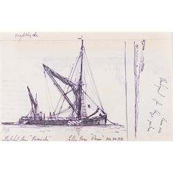 Jack Rigg (British 1927-2023): Thames Sailing Barge 'Dawn', ink and watercolour signed and dated 1976, together with two associated sketches 37cm x 53cm 