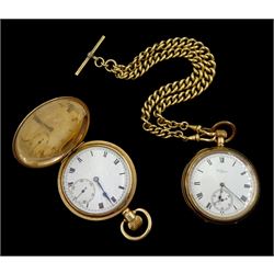  Early 20th century gold-plated keyless Swiss lever pocket watch, the case engraved with initials and a gold-plated open face keyless lever pocket watch by American Watch Company, No. 15395356, with rolled gold tapering Albert chain