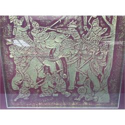 Red and gold textured picture of an Indian procession with elephants 49cm x 47cm