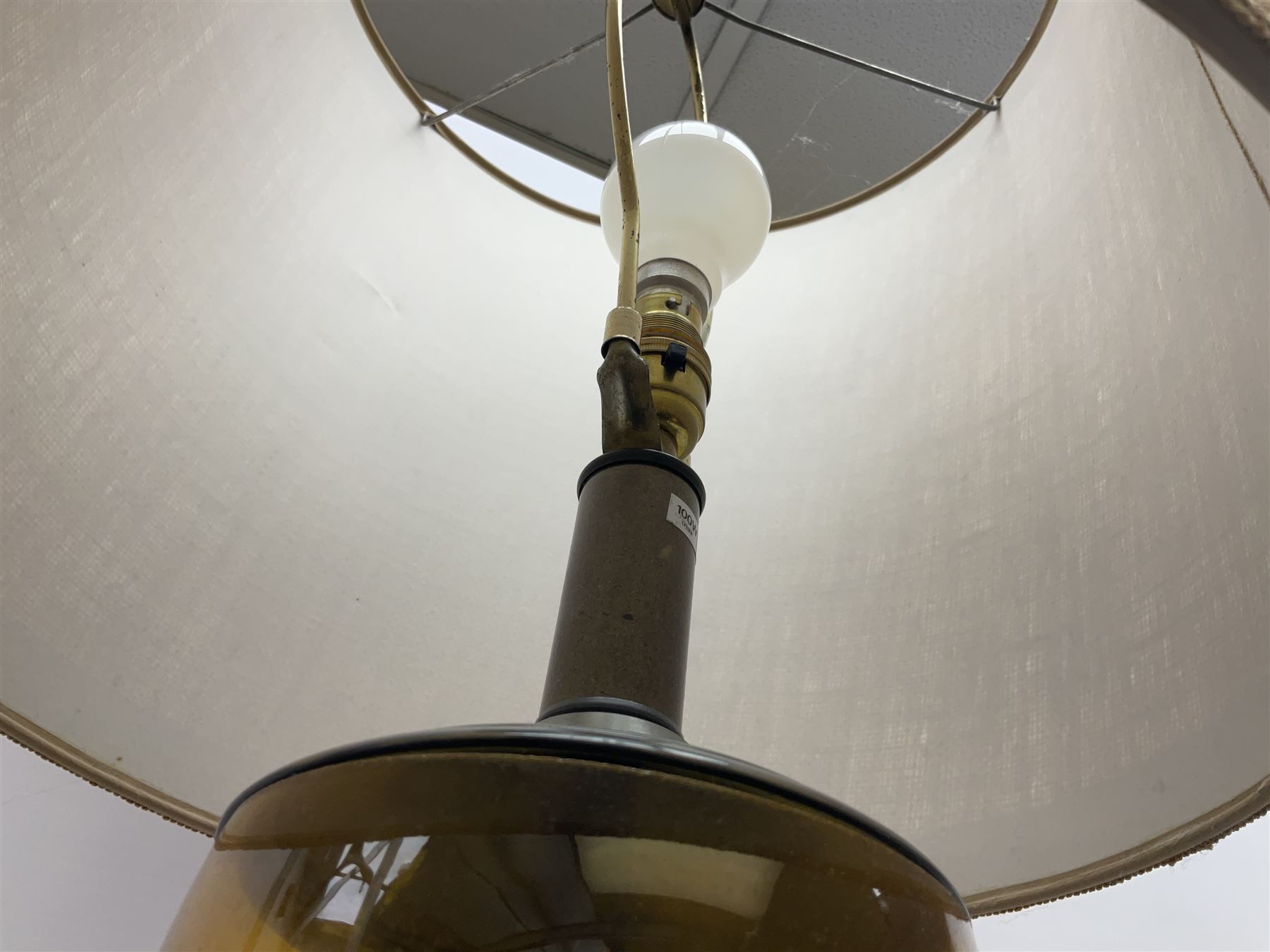 Table lamp and shade in the form of a vintage coffee grinder, together with a converted oil lamp, tallest example H94cm 