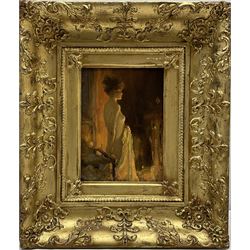Allan Douglas Davidson (British 1873-1932): Female Nude by Firelight, oil on mahogany panel unsigned 18cm x 13cm