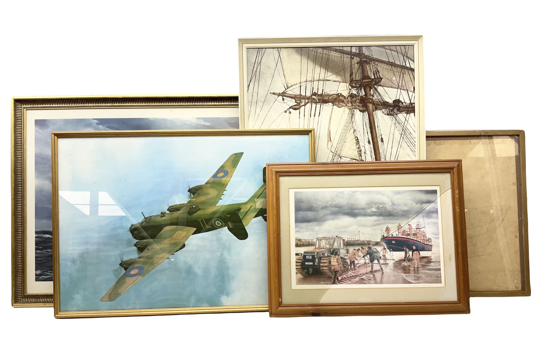 After Henry Scott: 'The Great Race from China to London' colour print together with large print diagram of a trawler, two other marine prints and a print of a WWII Halifax unit max 68cm x 108cm (5)