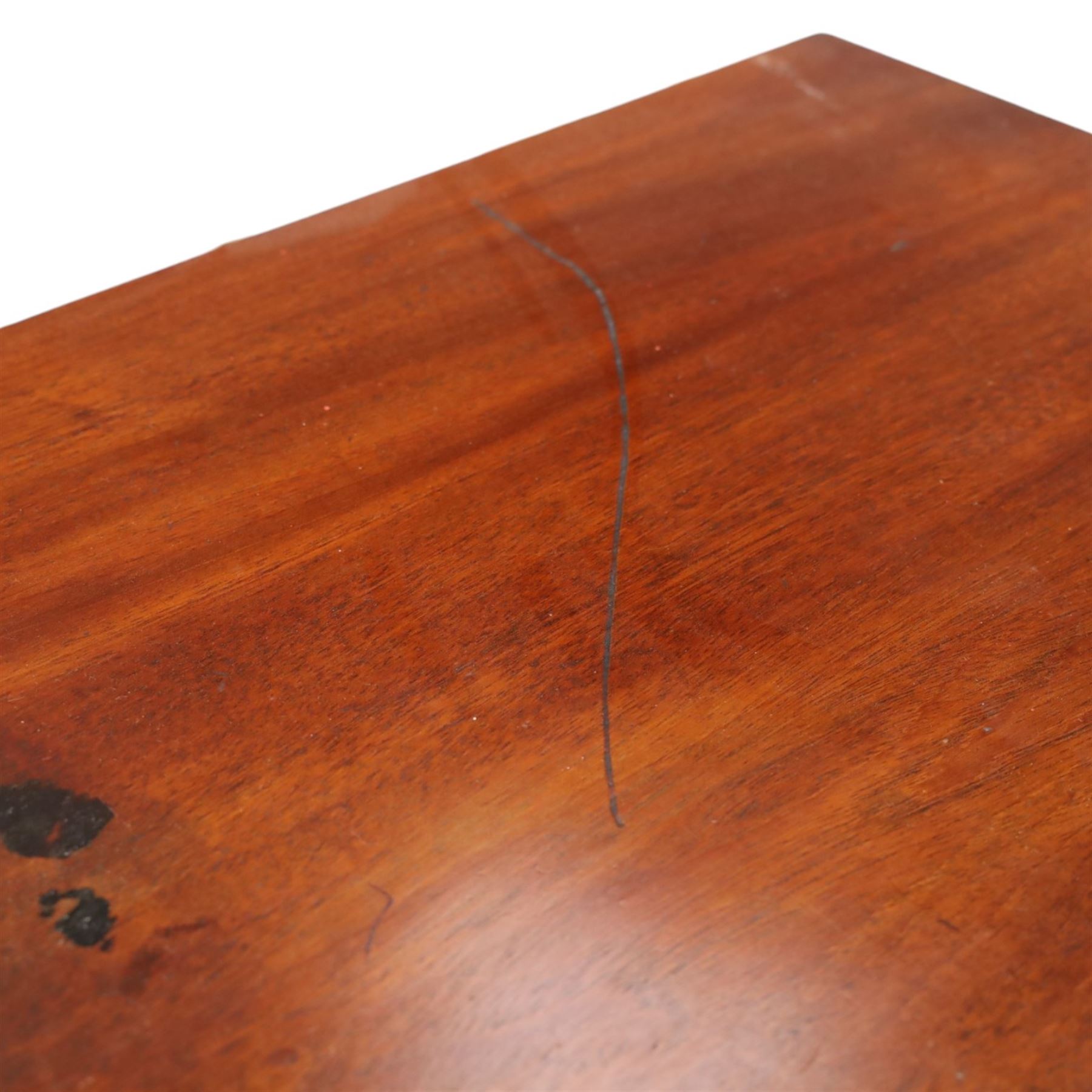 Regency period inlaid mahogany serpentine-fronted fold-over tea table, the shaped rectangular top with ebony-strung edge over a banded frieze with repeating lozenge inlaid banding, on square tapering supports