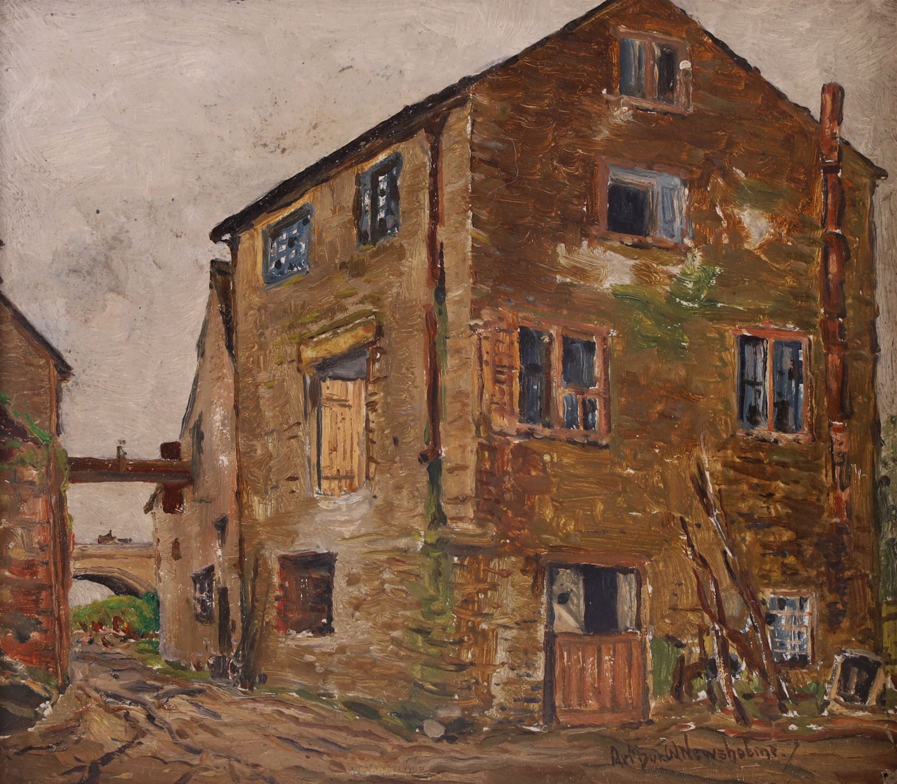 Arthur W Newsholme (Yorkshire 1859-?): 'Ripley Mill', oil on board signed, titled verso 20cm x 23cm