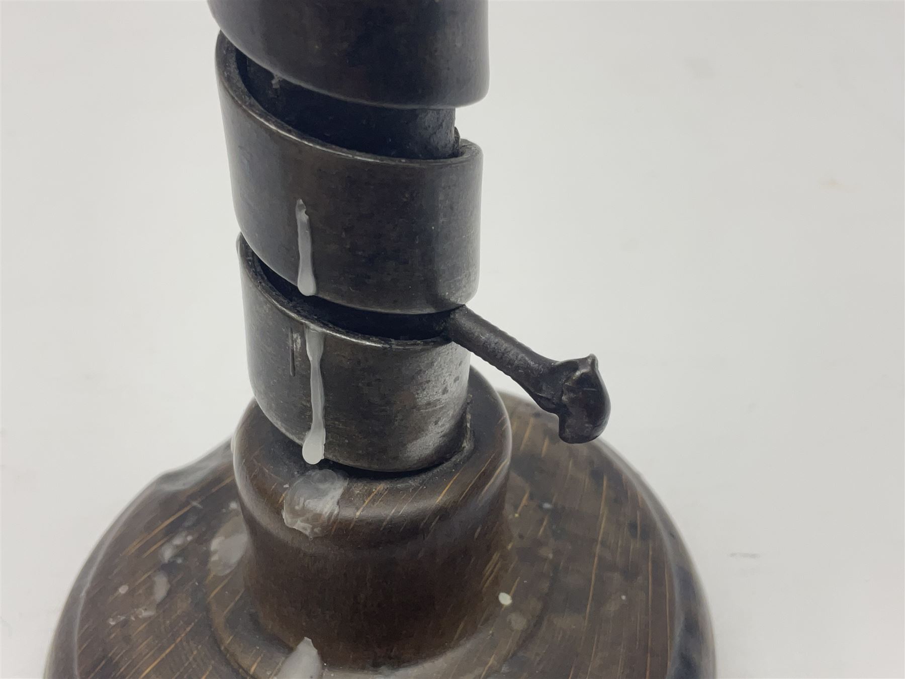 18th century spiral rat de cave candlestick on domed wooden base, H20cm