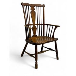 Early-to-mid 19th century elm and ash high-back Windsor armchair, central vase-shaped splat flanked by slender vertical spindles, outward-curving arms, shaped and dished saddle seat, raised on turned and splayed supports united by H-stretcher