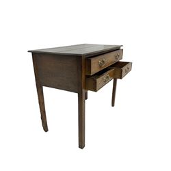 Georgian oak lowboy, rectangular moulded top over three drawers, on square supports
