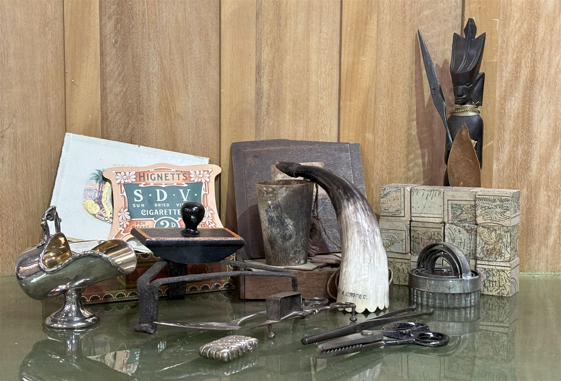 Group of decorative and collectable items to include; a horn beaker, graduated set of pastry cutters, wrought iron trivet, cube jigsaw, etc.  - COLLECTION BY APPOINTMENT FROM: The White House, Thirsk Road, Easingwold, York, YO61 3NF - CALL 01723 507111 TO ARRANGE