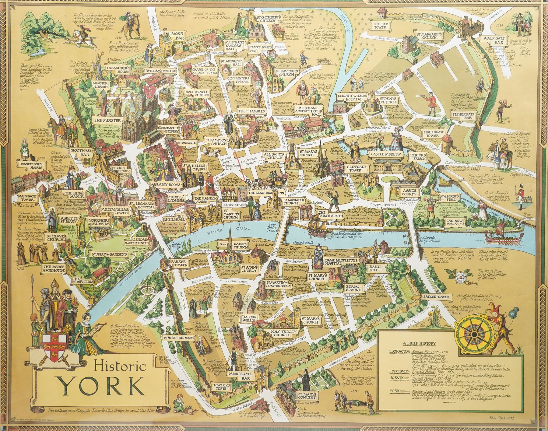 After Estra Clark (British 1904-1993): 'Historic York', gold ground colour map pub. Ben Johnson & Co Ltd. York 1947, 51cm x 64cm