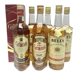 Four bottles of Bells extra special blended whisky, together with two bottled of Grants blended whisky, various contents and proof (6)