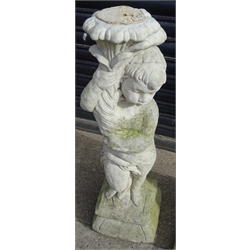  Composite statue of boy holding a floral bouquet (H82cm) and a composite stone tapering pedestal on square base (H76cm) (2)  