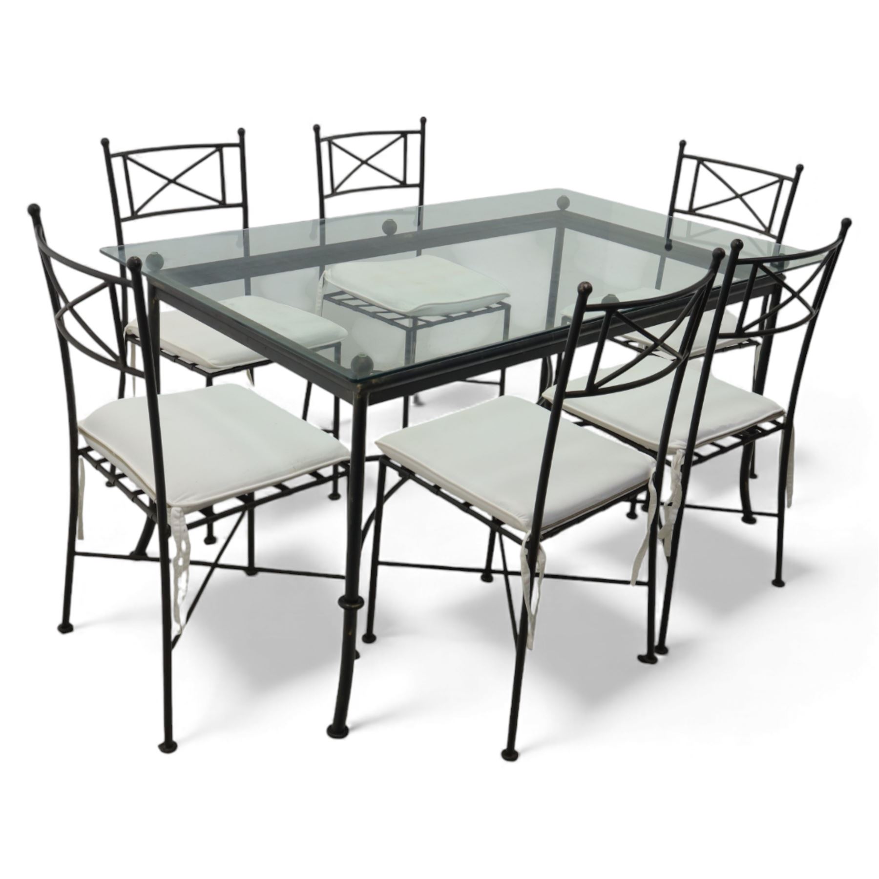 Modern metal and glass conservatory suite, comprising rectangular dining table with clear glass top and six matching metal framed chairs with upholstered seats, together with a matching glass topped coffee table
(Chairs H 92cm, W 42cm, Coffee table H 45cm, W 60cm)