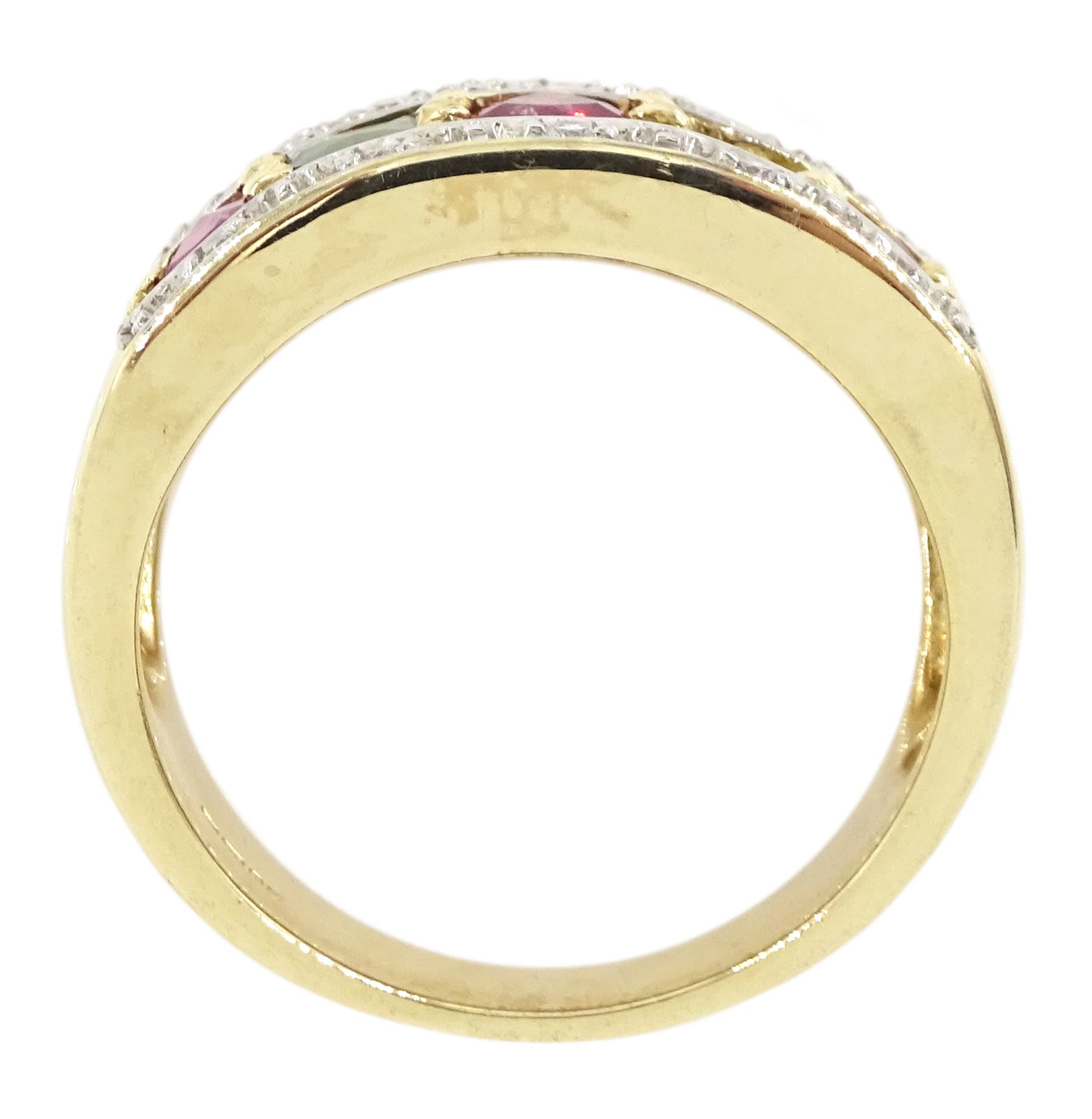 9ct gold trilliant cut pink and green sapphire half eternity ring, with diamond chips set either side, hallmarked