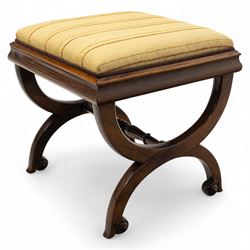 William IV X-frame rosewood stool with upholstered drop-in seat and a Regency simulated rosewood and brass inlaid dining chair with drop-in seat worked in floral needlepoint, W43xD43xH43cm & W46xD40xH79, (2)