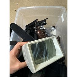 Collection of cameras and camera equipment, including Voigtlander Vitomatic I, Nikon Coolpix P340, Nikon Coolpix S9100, Olympus SP-510UZ, tripod, cases, etc