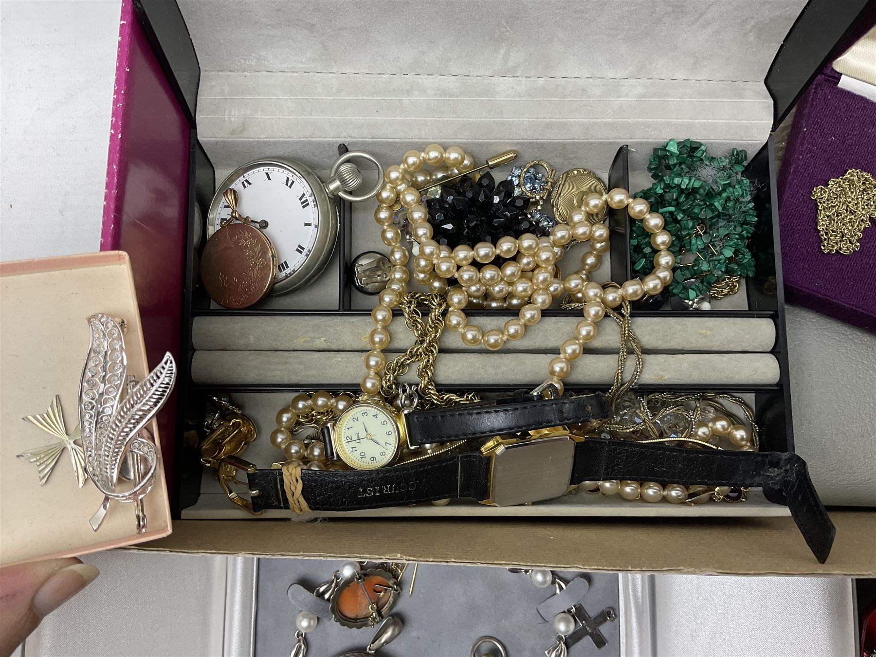 Victorian and later silver jewellery including engraved oval locket pendant, bangle, fob watch, vesta case, faux pearl necklace, butterfly wing pendant etc, a collection of costume jewellery including beaded necklaces, brooches, earrings, ladies wristwatches and a small collection of coins including two pre 1947 half crowns 