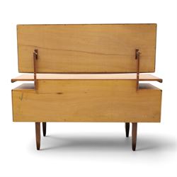 G-Plan - ‘Fresco’ teak dressing table, rectangular top with raised rectangular mirror, fitted with four drawers arranged as twin pedestals with sculpted handles, central knee-hole, on tapering supports
