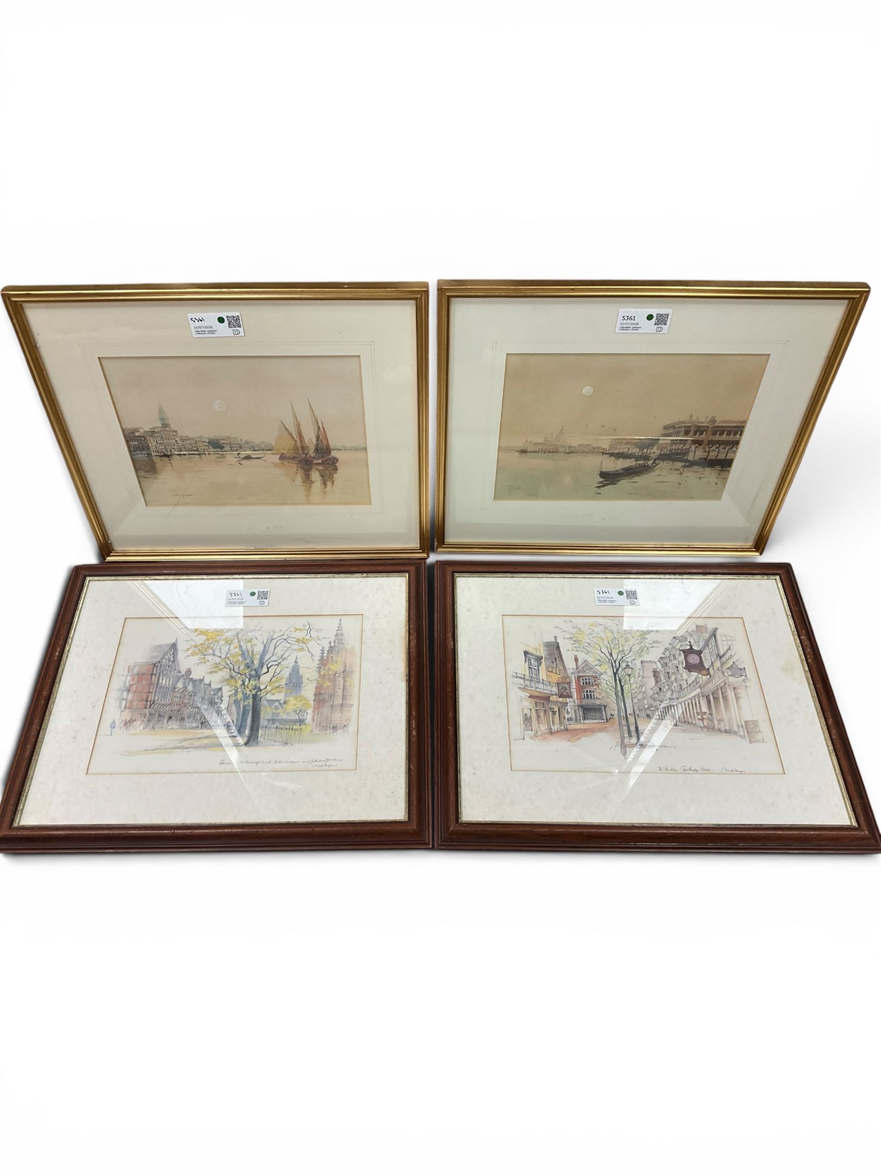 G Augusti (Italian late 19th/early 20th Century): Views of Venice, pair of watercolours signed; together with After Mads Stage (Danish 1922-2004): 'The Pantiles - Tunbridge Wells' and 'Chester - St Werburgh Court, The Town Hall Tower and Cathedral Gardens', pair of coloured lithographs max 23cm x 34.5cm (4)