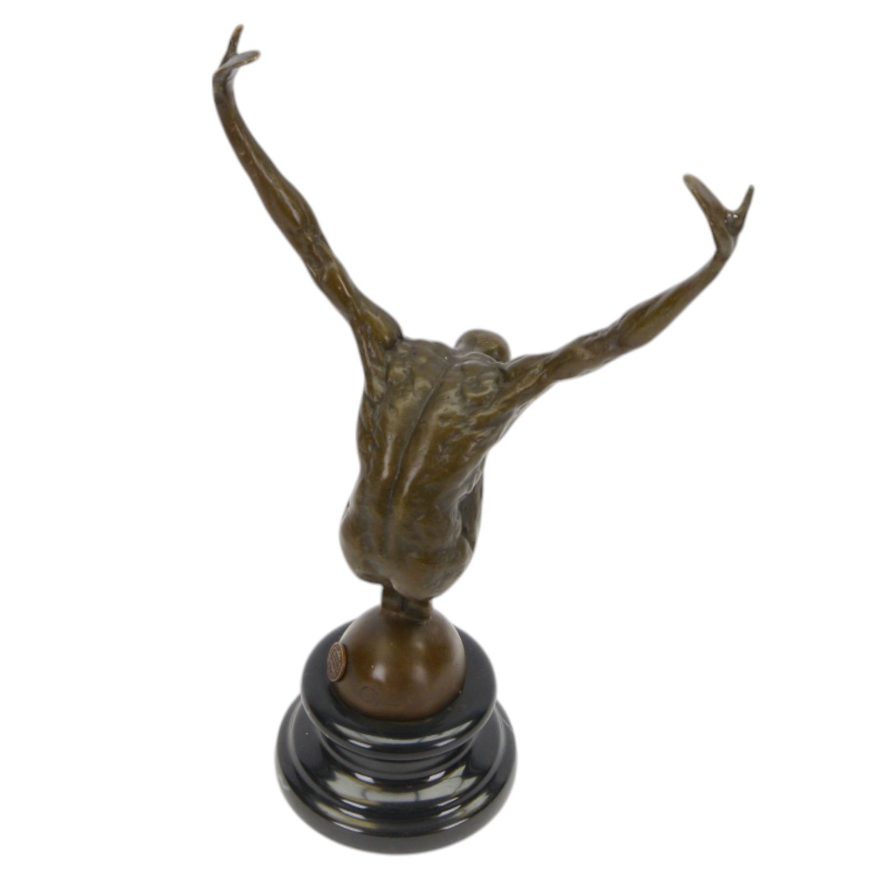 Bronze figure, modelled as a diver with hands raised upon a stepped circular base, H28cm