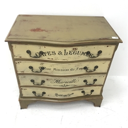 Painted serpentine chest, four drawers, ogee supports, W75cm, H73cm, D44cm 