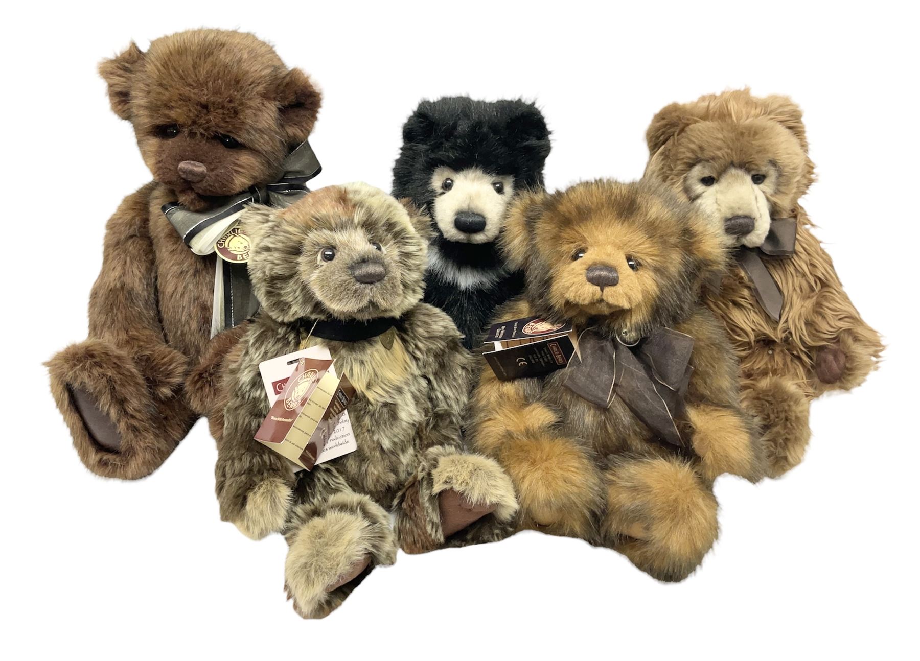 Five Charlie Bears, comprising limited edition Birthday Wojtek CB171840, limited to 4200, Anniversary Kojak CB161707, and Anniversary William CB151681, each designed by Isabelle Lee, Xavier CB620008, designed by Heather Lyell, and Anniversary Slothy Joe CB151558, all with tags 