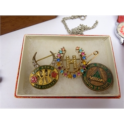  Collection of jewellery including two gold-plate silver rings, Jet brooch, stick pins, cuff links, ROSPA brooch, Rotary wristwatch, Wedgwood Jasperware pendant, Victorian yellow metal and seed pearl bar brooch set with E, crescent brooch etc   