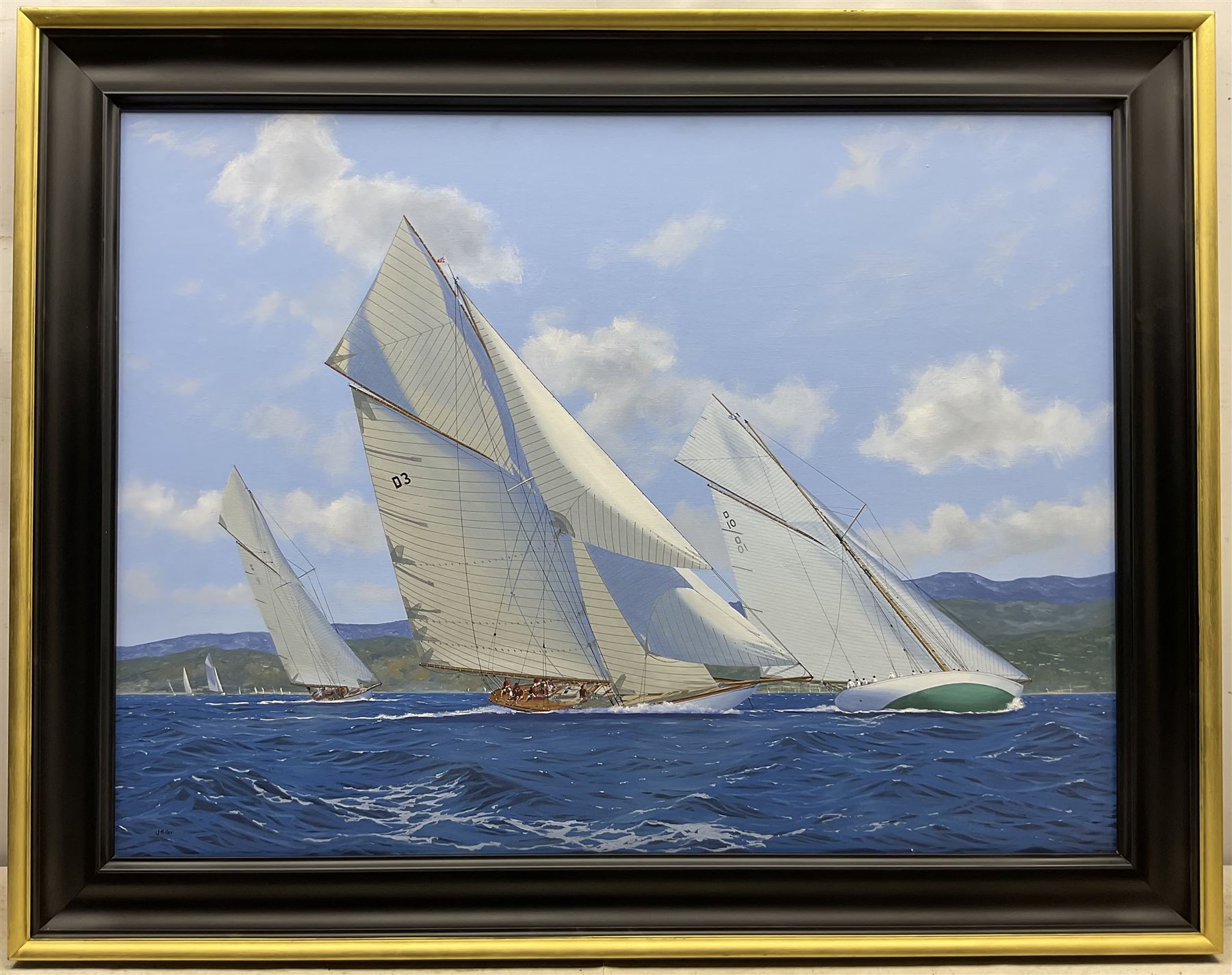 James Miller (British 1962-): 'Hispania D5 Tuiga D3 and The Lady Anne D10 - Semana Clásica de Puerto Sherry 2012', oil on canvas signed, titled verso 75cm x 100cm