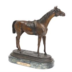 After Jules Moigniez (French 1835-1894): Bronze of a saddled racehorse facing left, on mar...