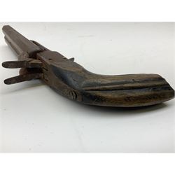 19th century Belgian 9mm side-by-side double barrel pin-fire pocket pistol with 11cm octagonal single block barrel, drop-down triggers and carved walnut stock L22.5cm overall